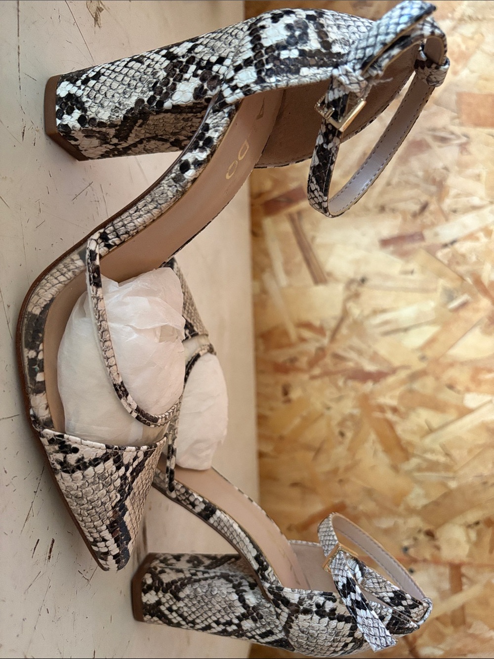 Aldo Snake-Print Block Heel Sandals in Black and Beige